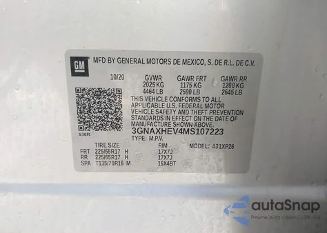 2021 Chevrolet Equinox Fwd Ls из США, поврежденный, VIN 3GNAXHEV4MS107223